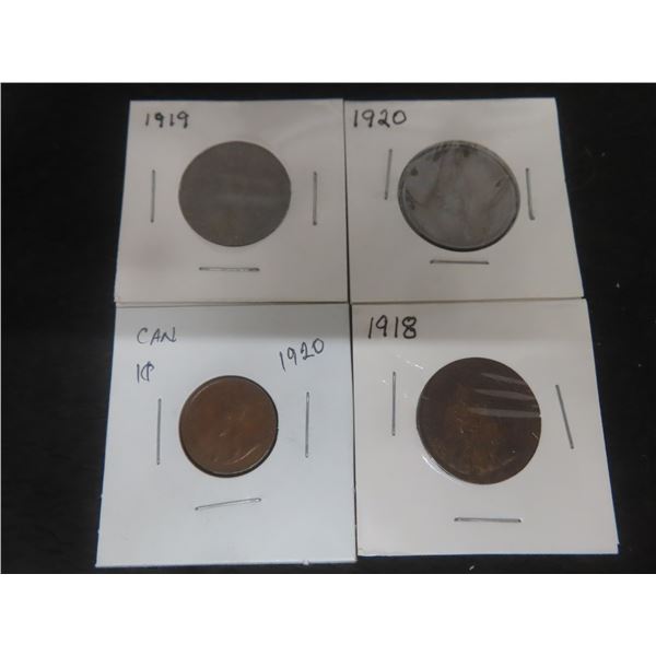 3 Large Canadian Large 1¢ Coins – 1918, 1919, 1920 and 1920 Small Cent