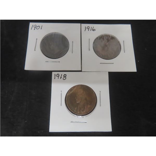 3 Canadian Large 1¢ Coins – 1916, 1918 and 1901
