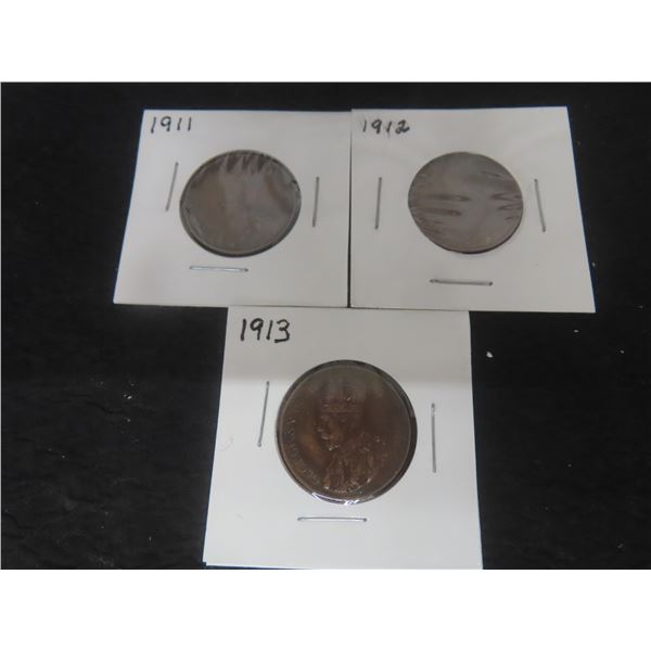 3 Canadian Large 1¢ Coins – 1911, 1912, 1913