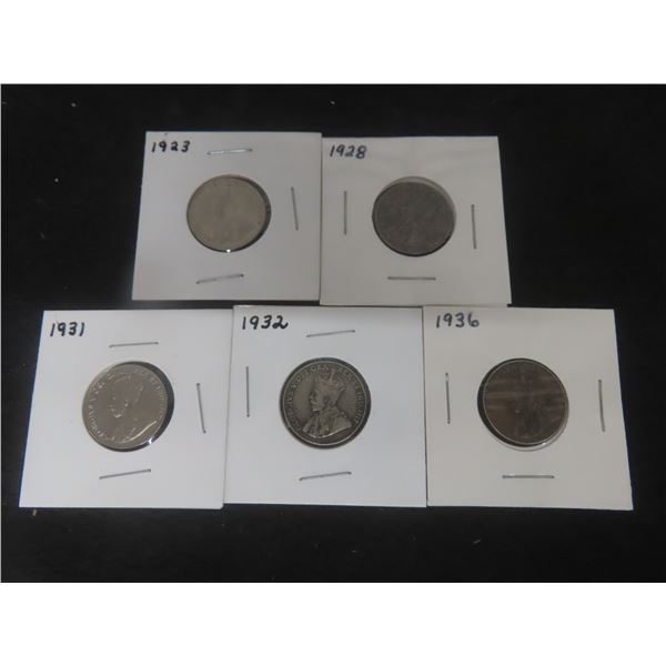 5 Canadian 5¢ Coins – George V – 1923, 28, 31, 32, 36