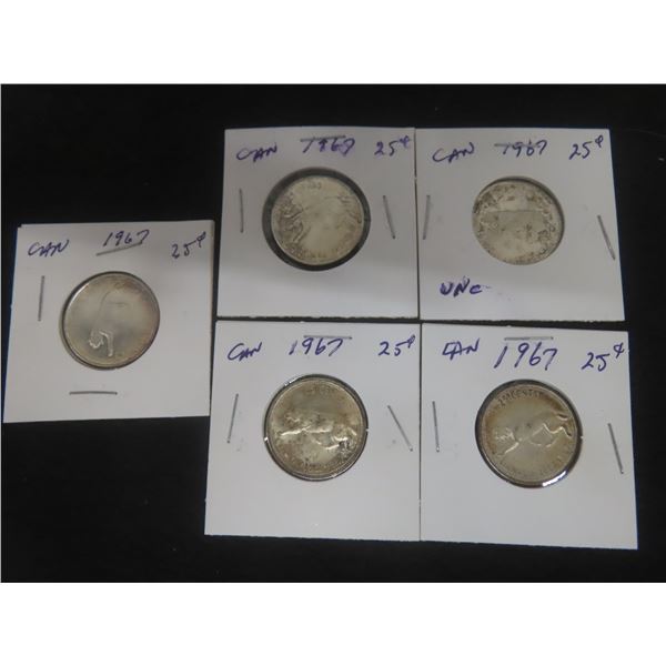 5 1967 Canadian Centennial 25¢ Coins