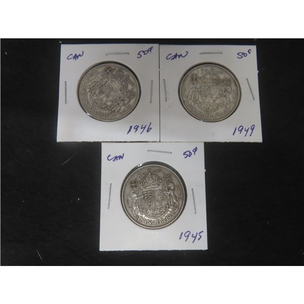 3 Canadian 50¢ Coins – 1945, 1946, 1949