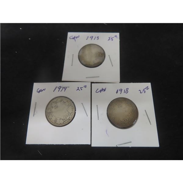 3 Canadian 25¢ Coins – 1913, 1918, 1919