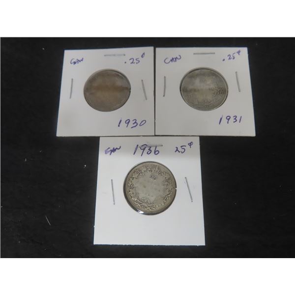 3 Canadian 25¢ Coins – 1930, 1931, 1936
