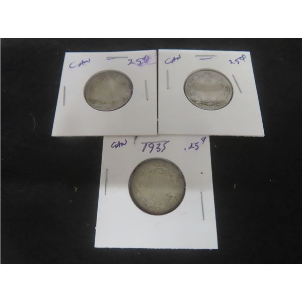 3 Canadian 25¢ Coins – 1935, 1934?, 1936?