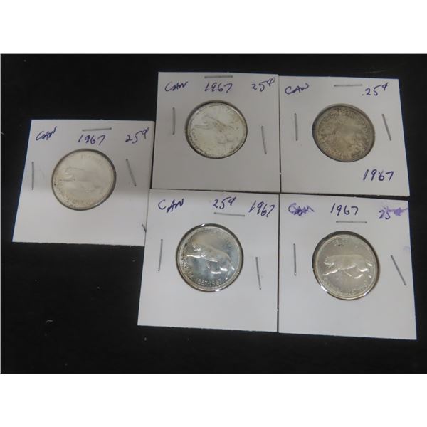 5 1967 Canadian Centennial 25¢ Coins