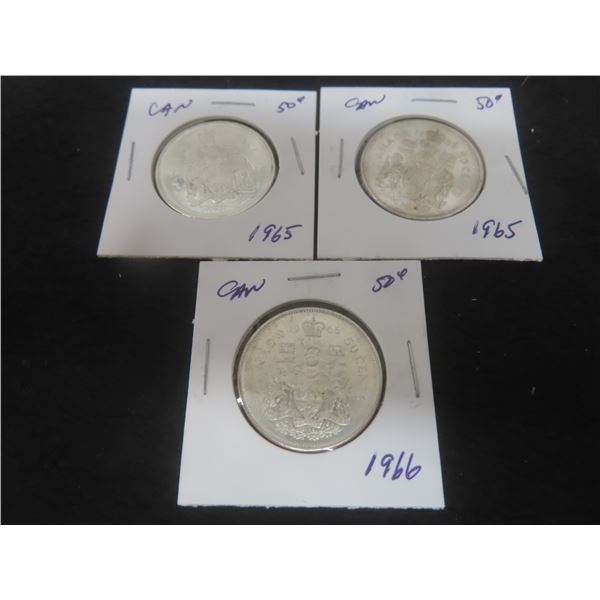 3 Canadian 50¢ Coins – 1965, 1965, 1966