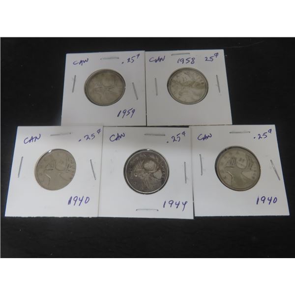 5 Canadian 25¢ Coins – 1958, 1959, 1940, 1940, 1944