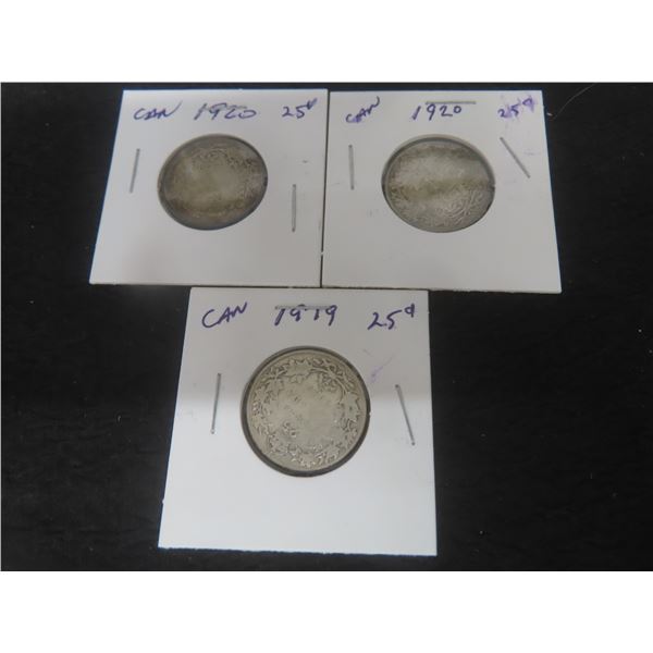3 Canadian 25¢ Coins – 1919, 1920, 1920