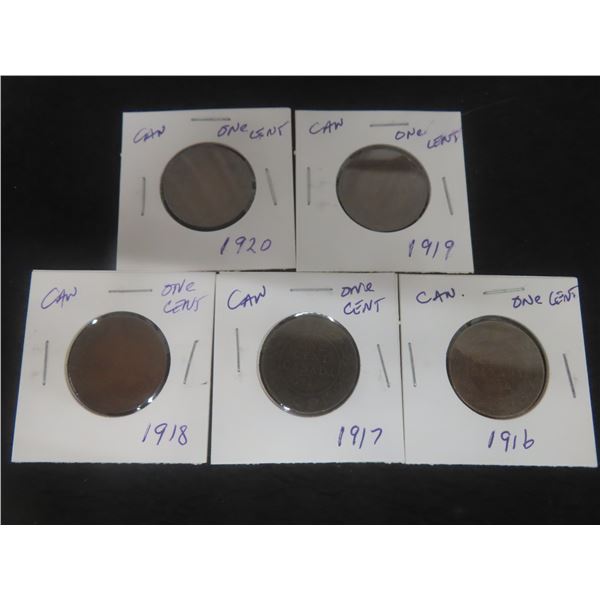5 Canadian Large 1¢ Coins – 1920, 1919, 1918, 1917, 1916