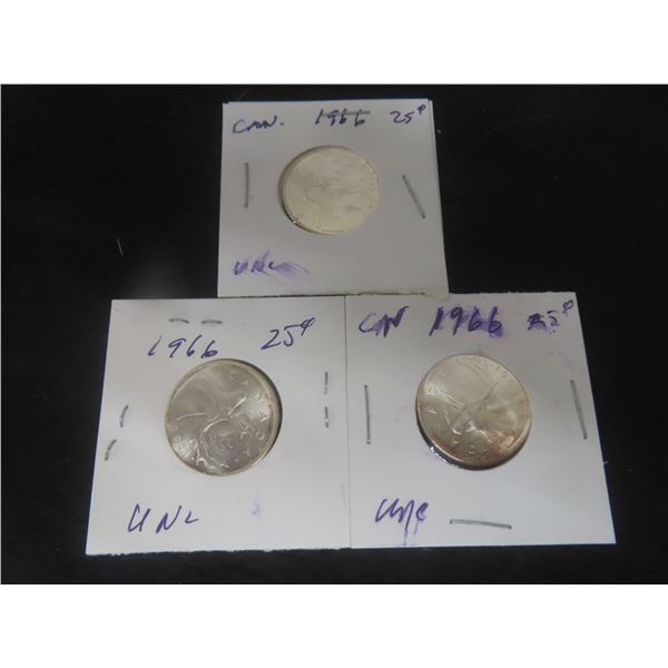 3 1966 Canadian 25¢ Coins