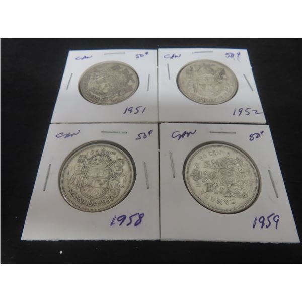 4 Canadian 50¢ Coins – 1951, 1952, 1958, 1959