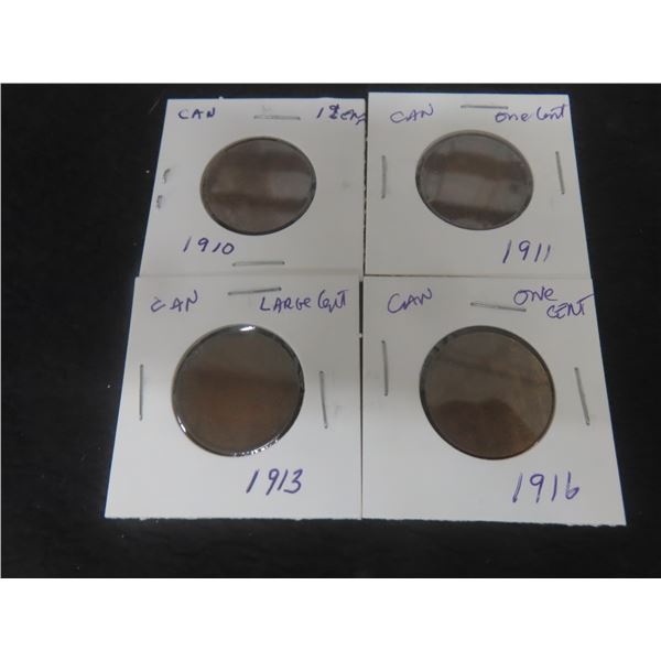 4 Canadian Large 1¢ Coins – 1916, 1913, 1911, 1910