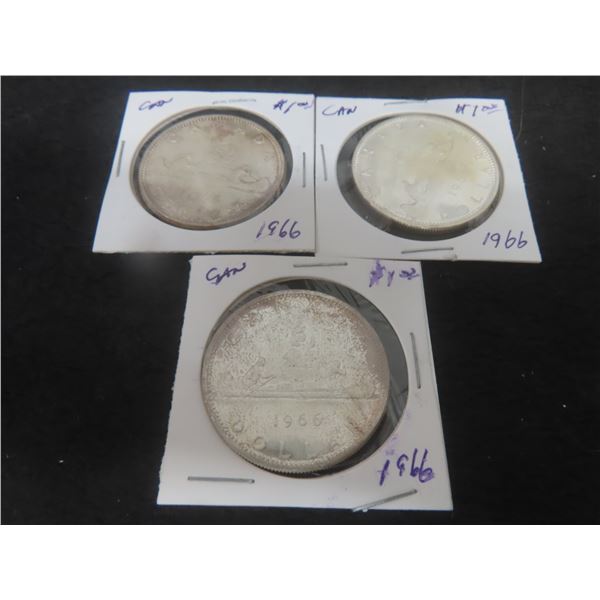 3 1966 Canadian $1 Coins