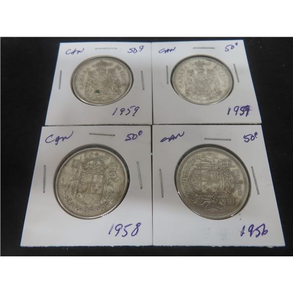 4 Canadian 50¢ Coins – 1958, 1956, 1959, 1959
