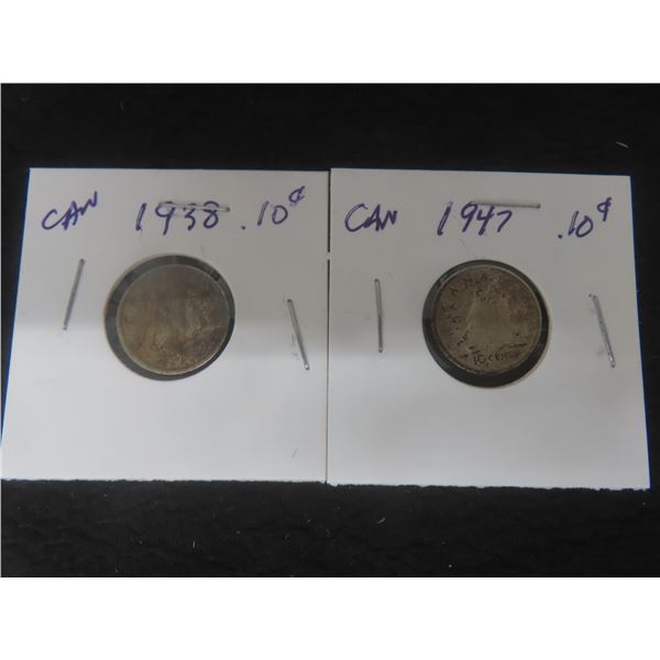 2 Canadian 10¢ Coins – 1938, 1947