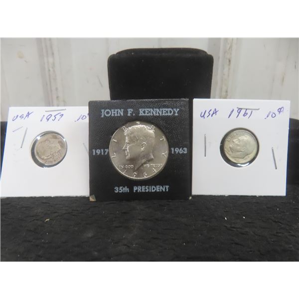 1964 U.S. Kennedy Half Dollar and 2 U.S. 10¢ Coins – 1957, 1961