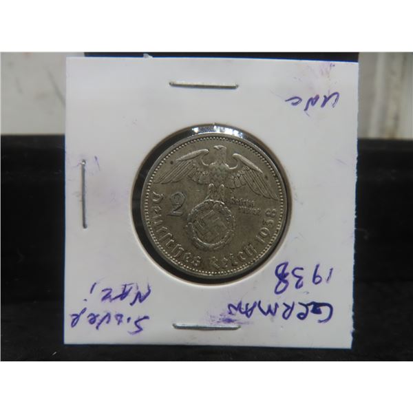 German 1938 2 Reichsmark Silver Coin
