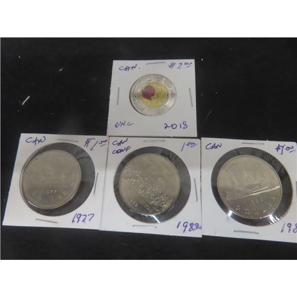 3 Canadian $1 Coins – 1977, 1982, 1986 and 2018 $2 Coin