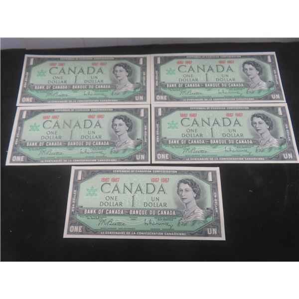 5 1967 Canadian Centennial $1 Bills – Crisp