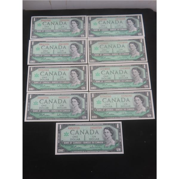9 1967 Canadian Centennial $1 Bills – Crisp