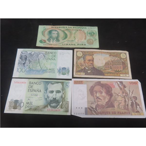 5 World Currency Bills – France, Spain, Philippines