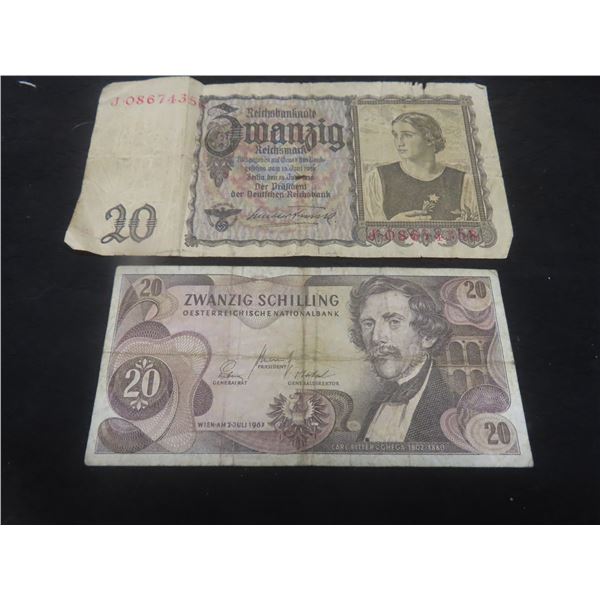1939 German 20 Reichsmark Bill and 1967 Austrian 20 Schilling Bill