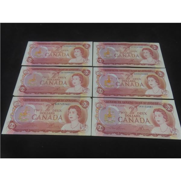 6 1974 Canadian $2 Bills – Crisp