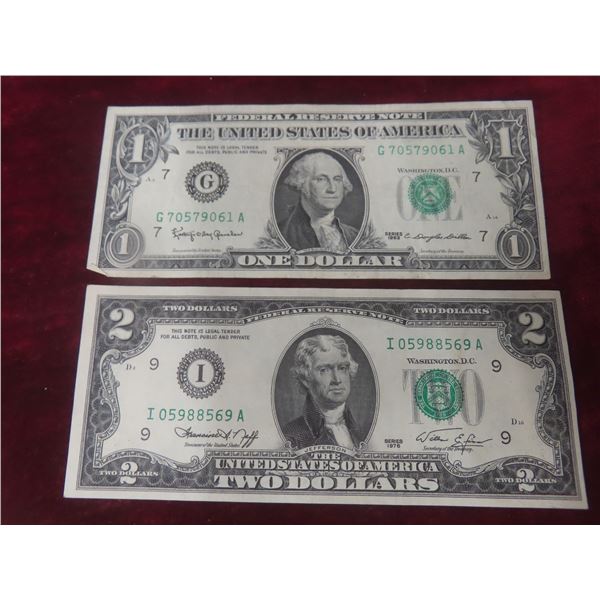 1976 U.S. $2 Bill and 1963 U.S. $1 Bill