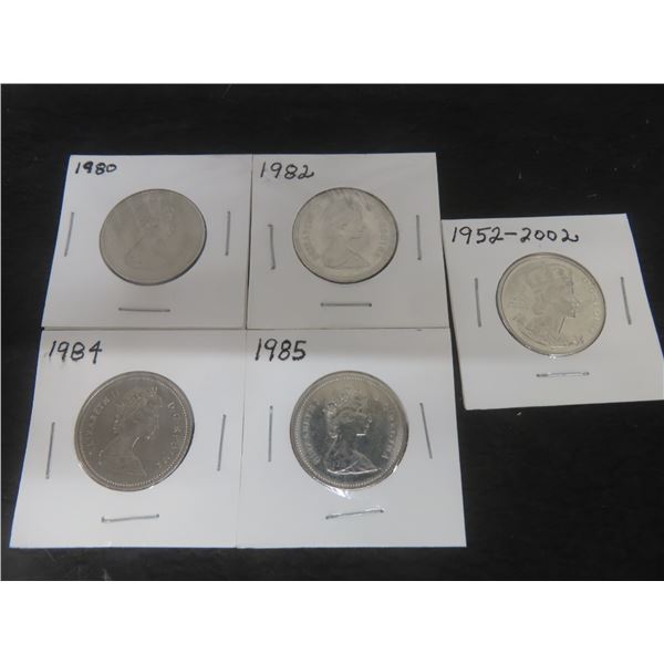 5 Canadian 50¢ Coins – 1980, 1982, 1984, 1985, 2002