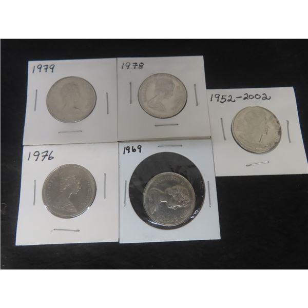5 Canadian 50¢ Coins – 1969, 1976, 1978, 1979, 2002