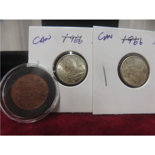 2 1966 Canadian 10¢ Coins and 1933 1¢ Coin