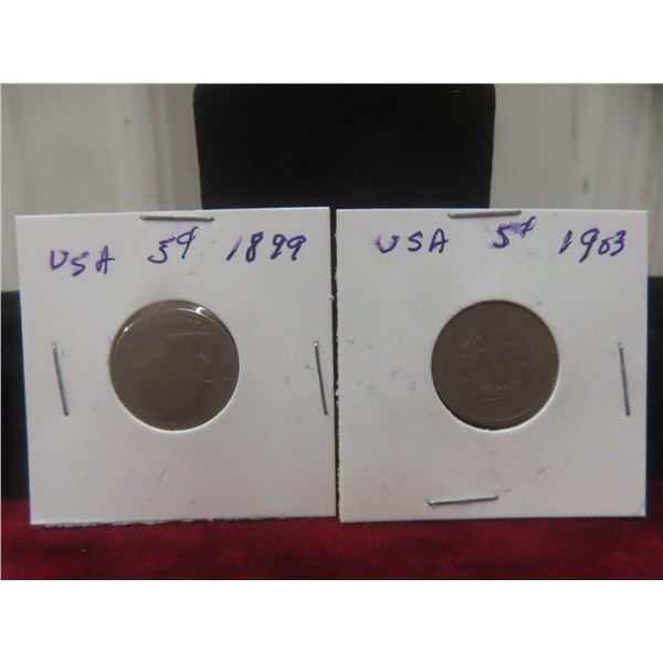 2 U.S. 5¢ Coins – 1899 and 1903