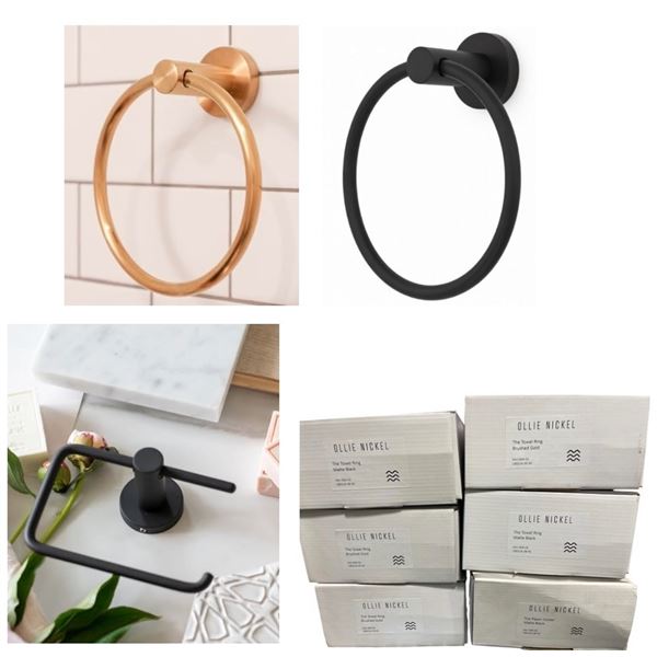 NEW Ollie Nickel Towel Rings & Paper Holder Matte Black - includes x3 Brushed Gold Rings & x2 Matte 