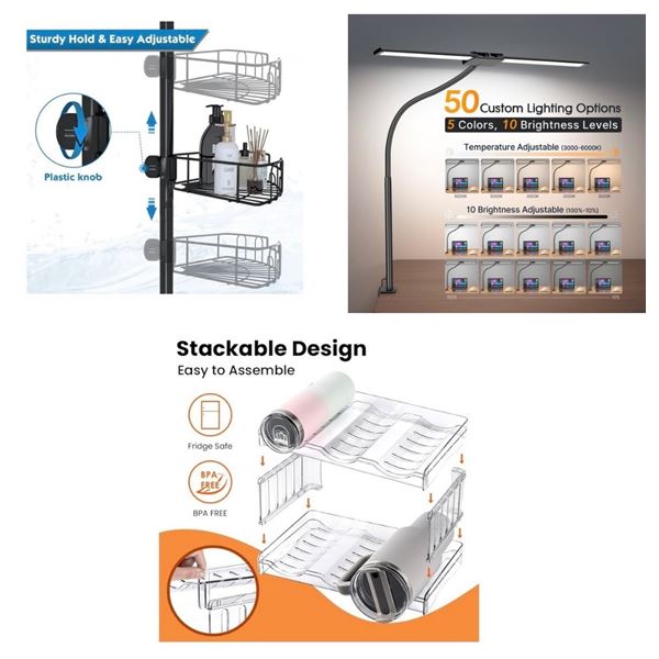 NEW Tension Cormer Shower Pole Caddy/Water Bottle Organizer & LED Desk Lamp