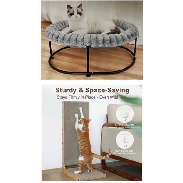 NEW L-Shaped Cat Scratcher & Grey Faux-Fur Elevated Chair w/ Stand