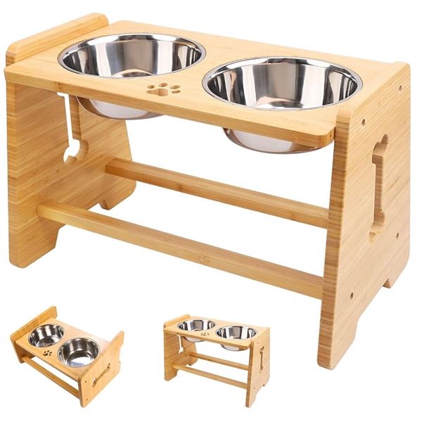 NEW Group of 2 Wooden Adjustable Dog Bowls