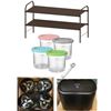 Image 1 : NEW Group of 2-Tiers Shoe Rack/Car Skull Hubcaps/Car Trash Cans & More