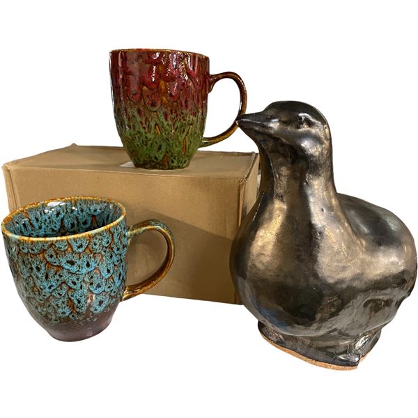 NEW Set of 2 16 oz Klin-Fired Ceramics Glazed Coffee Mugs & Decorative Pottery Kitchen Bird