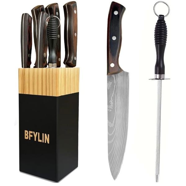 NEW Set of 2 7-pcs Wood & Black Stainless Steel Chef Knife Set - One in Display