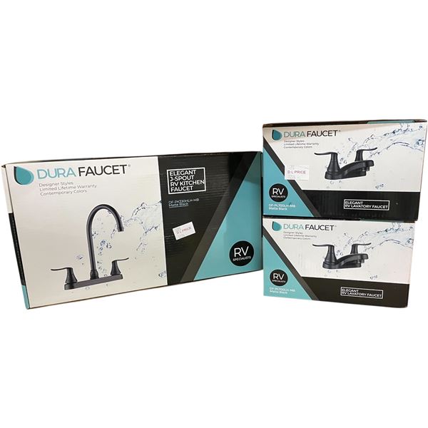 NEW Dura Faucet Elegant Matte Black RV. Lavatory Faucet (2 pcs) & J-Spout Kitchen Faucet