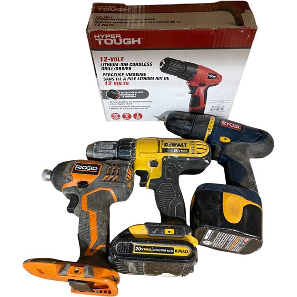 Group of 4 assorted Electric Drills - includes Hyper Tough 1é-Volt Drill/ Ryobi, Dewalt (with Batter
