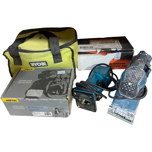 Large Group of assorted Tools - includes RYOBI Bag with Battery Charger & Accessories, Mirka Random 