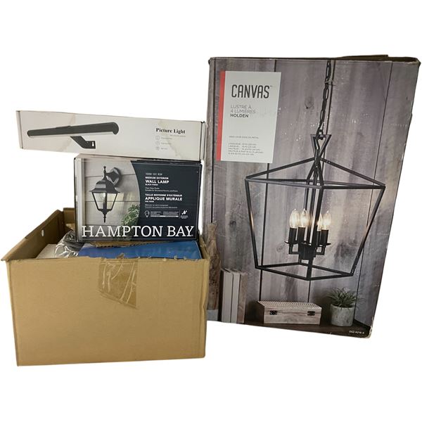 NEW CANVAS 4-Lights Black Chandelier, Hampton Bay Medium Exterior Wall Lamp & Gold Picture Light