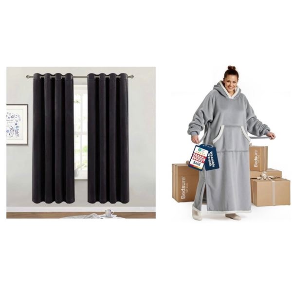 NEW Group of 2 Bedsure Long Sherpa Grey Blankets (52" x 31") & x2 Black Velvet Curtains