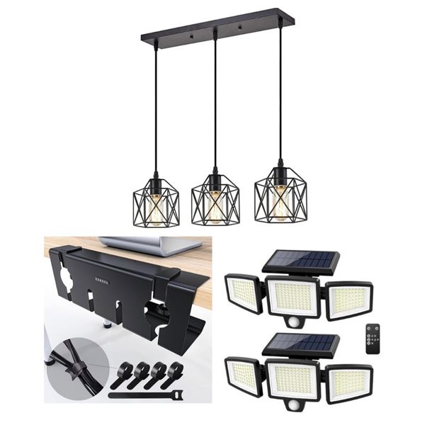 NEW Modern 3-Pendants Lights/x2 Cable Tray Organizer & Solar Motion Outdoor Sensor