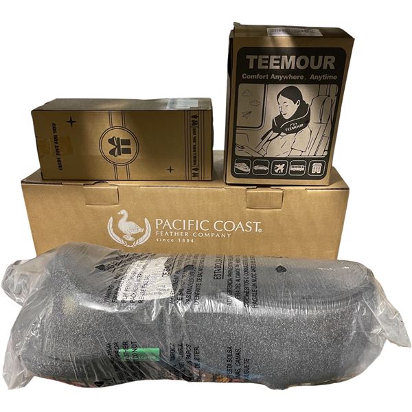 NEW Bedding & Assorted Items - includes Pacific Coast Queen Feather Pillow/Teemour Travelling Neck P