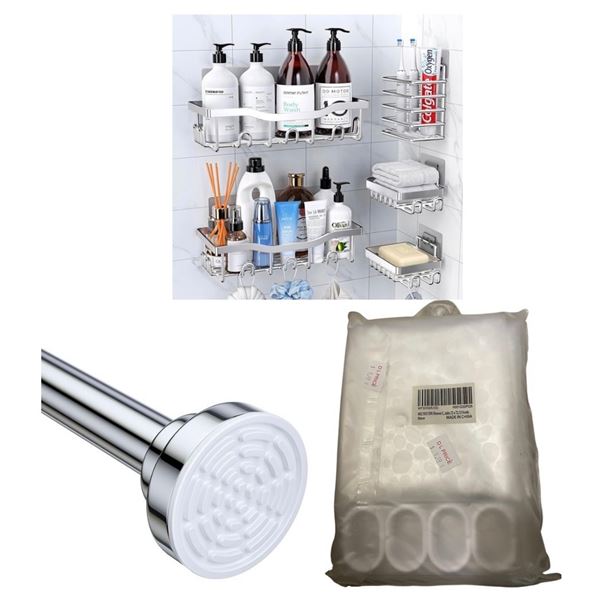 NEW Group of Bathroom Storage Items - includes Black Metal Shelf/2 Shower Curtains & 3 Tension Showe