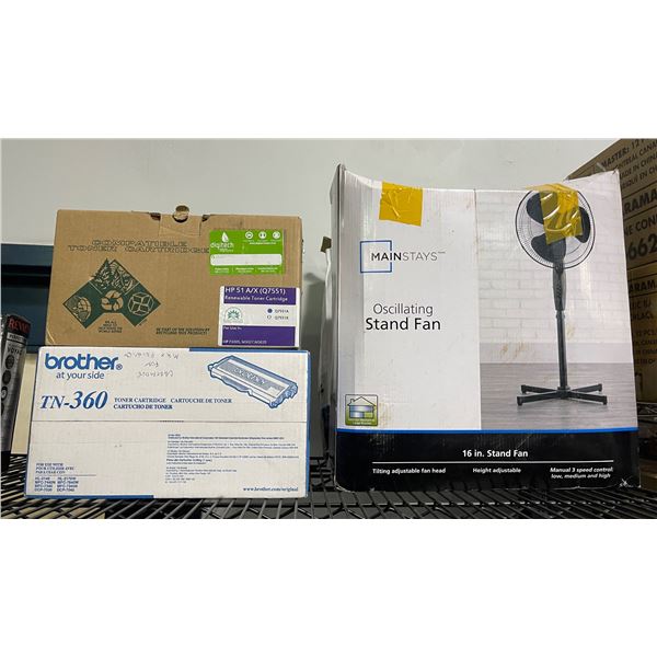 Group of Mainstays Oscillating Stand Fan & 2 Cartridges - includes TN-360/HP 51 A/X