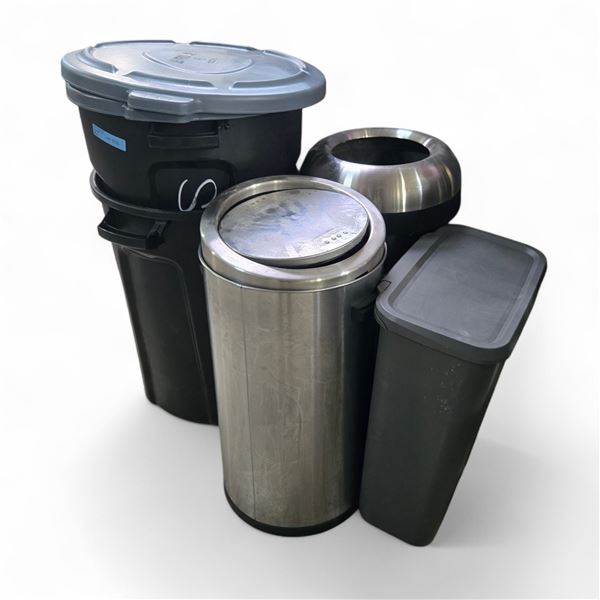 Group of 5 Assorted Recycling Bins & Garbage Cans